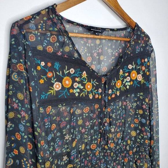Peacocks Womens Black Floral Embroidered Blouse Size 16 US L Sheer Smocked Waist - Picture 2 of 10